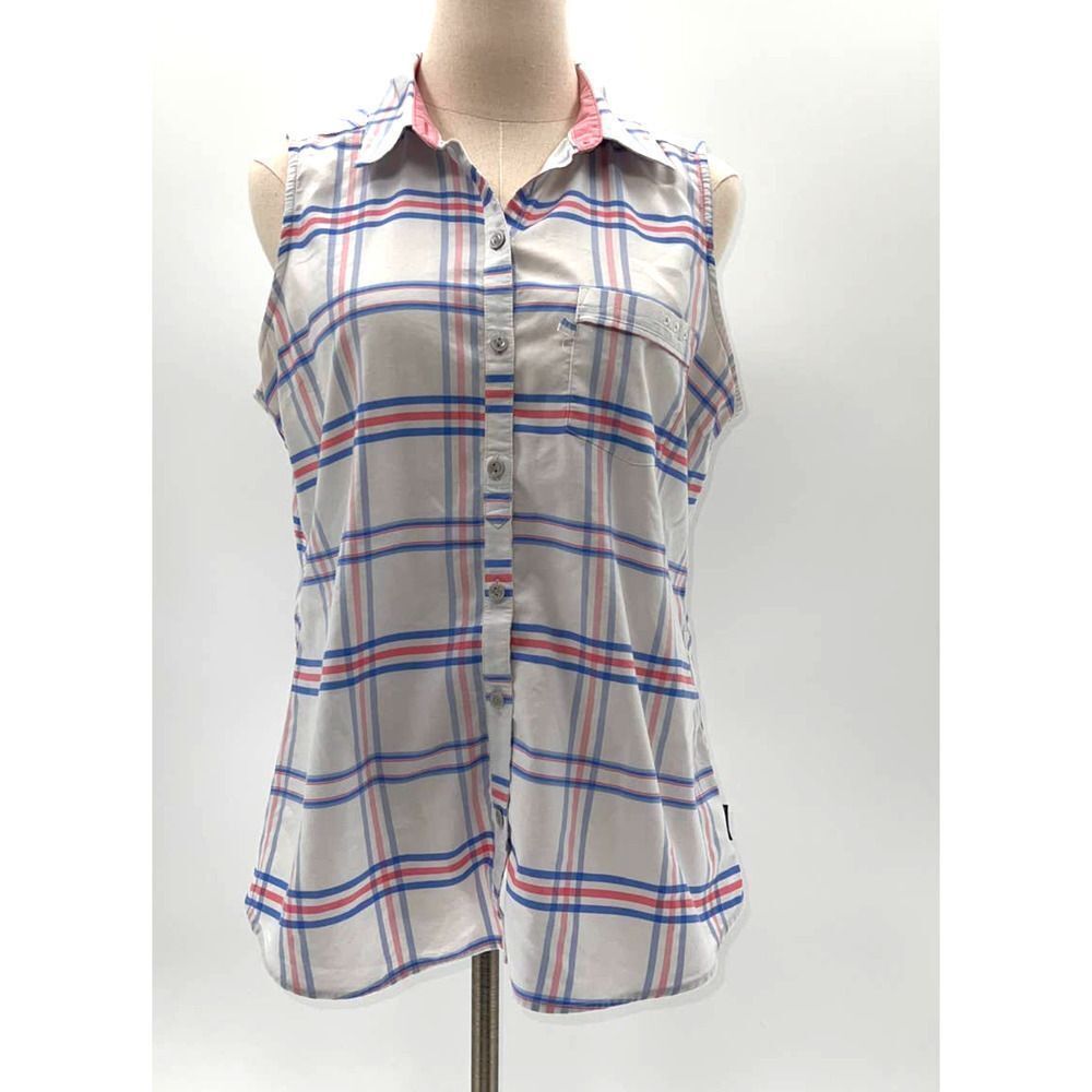 Columbia White/Pink/Blue Stripped Sleeveless Sportswear Collared Top- L